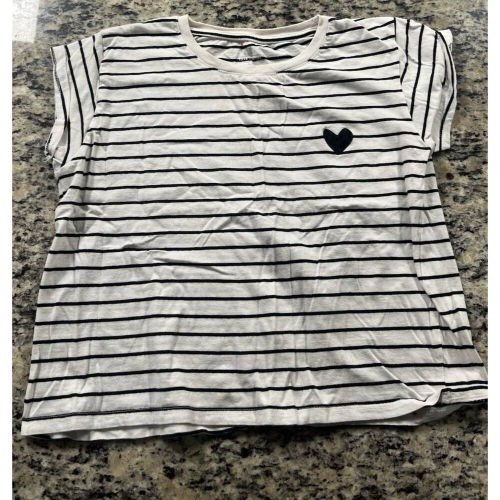 Women's T-Bar X Cotton On T-Shirt B/W Stripe With Heart Size L